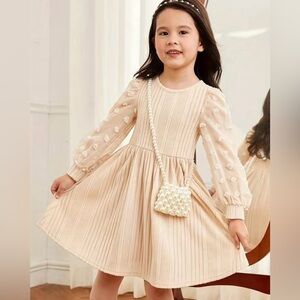 Girls Cream Pleated Dress 4T | Long Sleeve Swiss Dot Tulle Dress